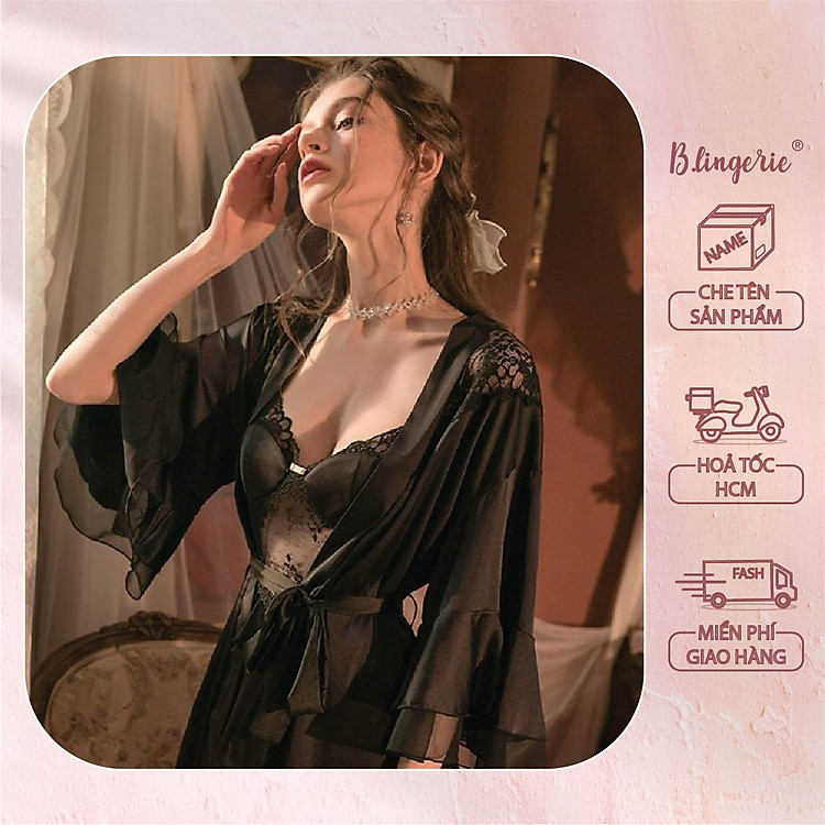 Áo Choàng Trơn Phối Ren Hoa - B.Lingerie