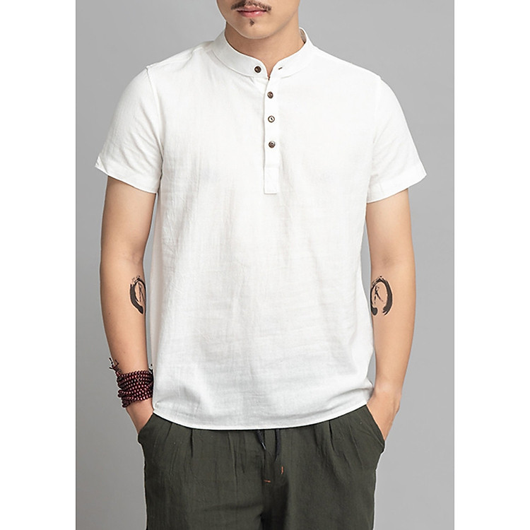 Áo sơ mi nam cổ tàu tay cộc chất thô đũi, thích hợp mùa hè, thời trang trẻ, phong cách Hàn Quốc