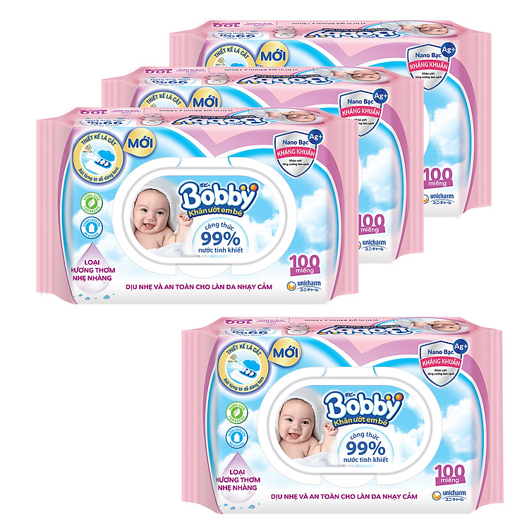 Combo 3 Gói Khăn Ướt Bobby NANO Bạc kháng khuẩn Nắp Nhựa (100 Miếng) + Tặng thêm 1 gói cùng loại