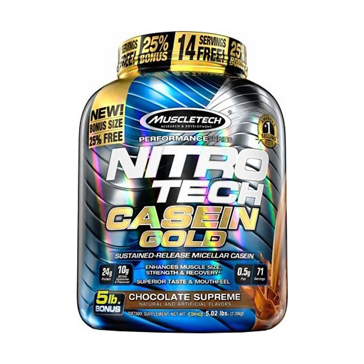Sữa tăng cơ Nitro Tech Casein Gold Hộp 5lbs (~2.27kg) – Bổ sung Protein hấp thụ chậm trải dài 8h, giúp nuôi dưỡng phát triển cơ bắp ban đêm - Hàng chính hãng Muscletech USA