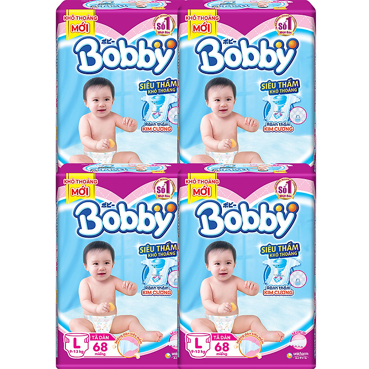Combo 4 Gói Tã Dán Bobby Siêu Mỏng Thấm Gói Siêu Lớn L68 (68 Miếng)