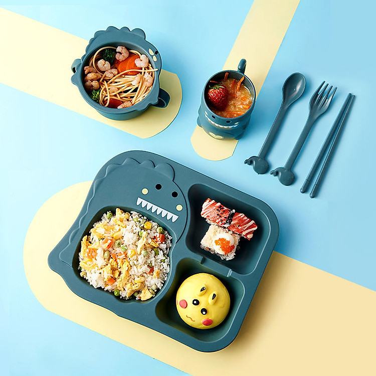 Set 6 Món Khay Ăn Khủng Long Cho Bé Chất Liệu Nhựa Sinh Học Lúa Mì