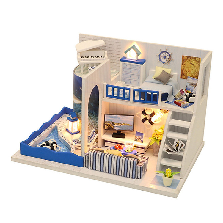 Bộ lắp ghép nhà búp bê gỗ - Biệt thự nhỏ phong cách Địa Trung Hải (bản thu gọn)