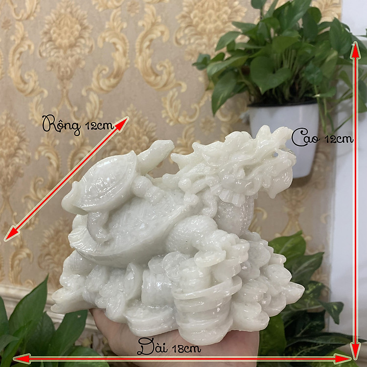 Tượng đá long quy _ Rùa đầu rồng trang trí phong thủy - Long quy cõng rùa con - Dài 18cm - Trắng đá non nước