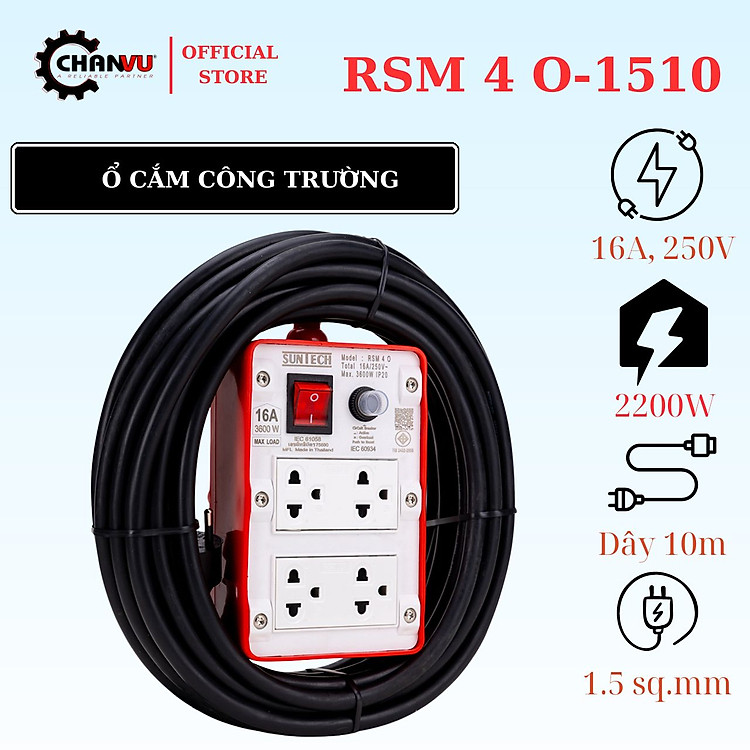 Ổ cắm Công Nghiệp RSM, 4 ổ cắm, 1 công tắc, Công suất 2200W, tiêu chuẩn chất lượng TIS Thái Lan