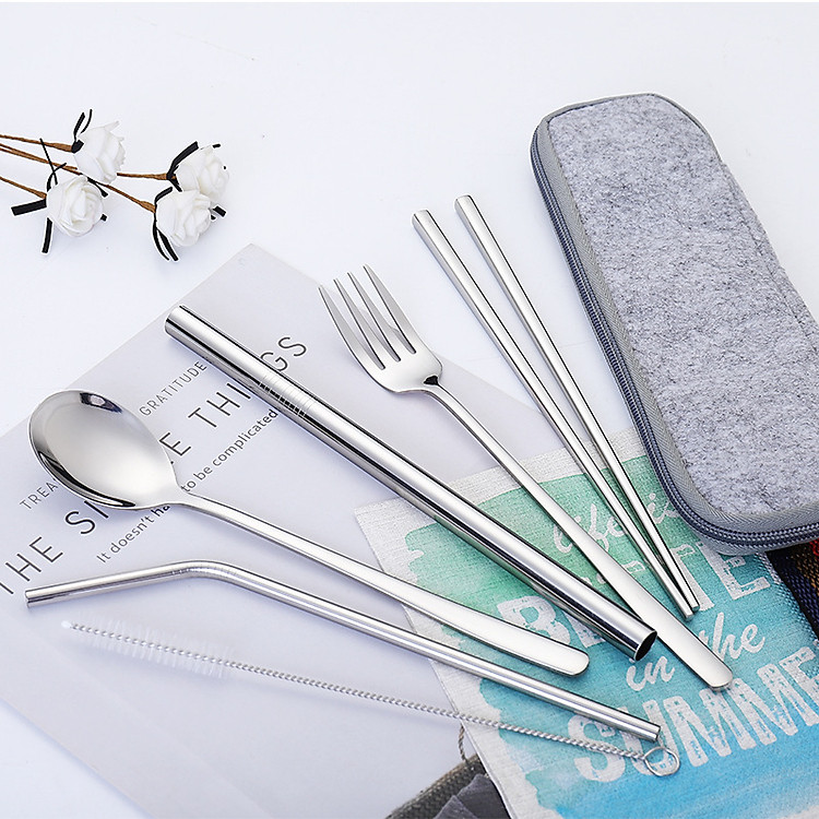 Combo Muỗng Đũa Nĩa Kèm Ống Hút Inox304 và Túi Đựng