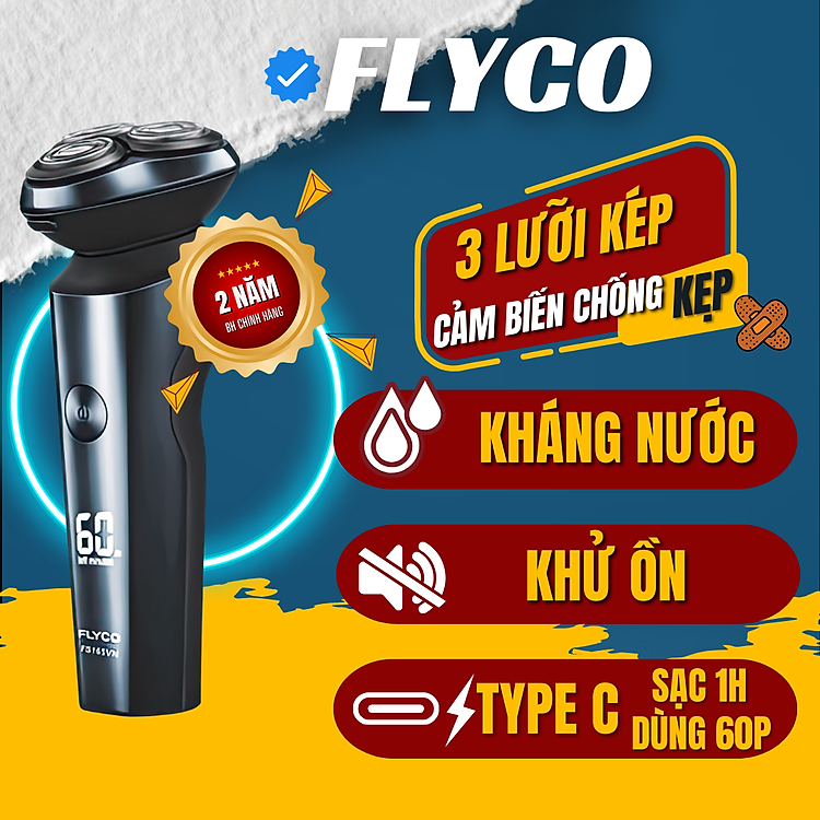 Máy Cạo Râu Flyco 3 Lưỡi Kép FS165VN Thân Máy Kháng Nước Sạc Nhanh 1 Giờ - Hàng Chính Hãng