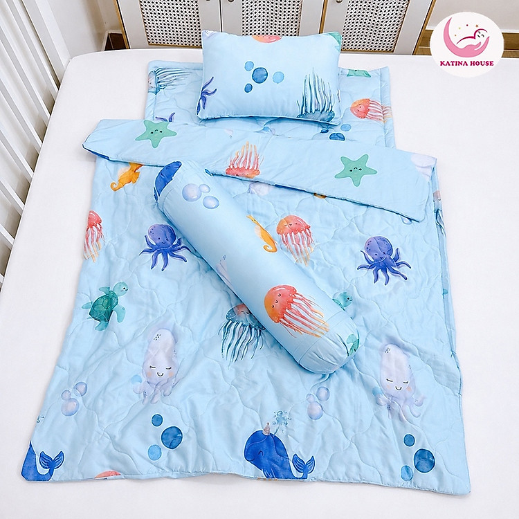 Combo 4 món Chăn gối nệm cho bé đi học Katina House, vải Tencel mềm mát, thấm hút tốt