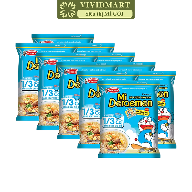 ACECOOK - Mì Doraemon hương vị bò cuộn phô mai, Mì ăn liền trẻ em, Mì Doremon bổ sung canxi, Mì gói Doraemon (62g/gói)