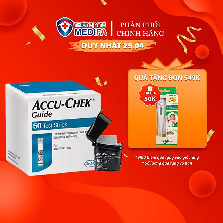Hộp 25/50 Que Thử Đường Huyết Accu-Chek Guide Có Nắp Nhựa Bảo Hiểm Hút Ẩm Cho Que, Đầu Thấm Máu Lớn, Chính Hãng Roche