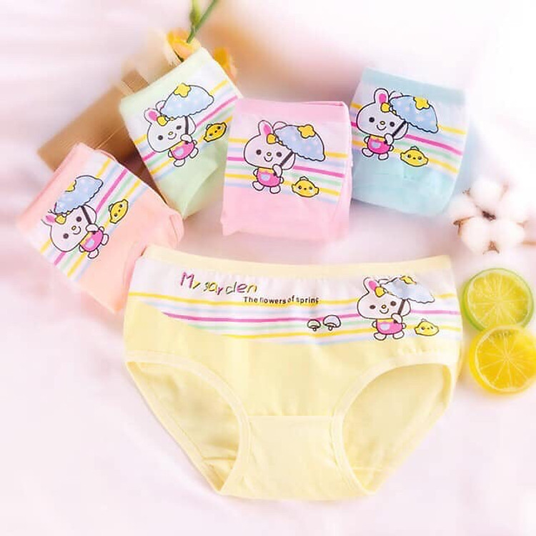 Quần chip tam giác bé gái set 4 cái 4 màu thỏ cầm dù có chữ