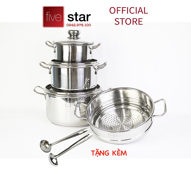 Bộ nồi inox và xửng hấp inox 430 cao cấp Fivestar Standard 4 món nắp kính tặng 2 muỗng canh