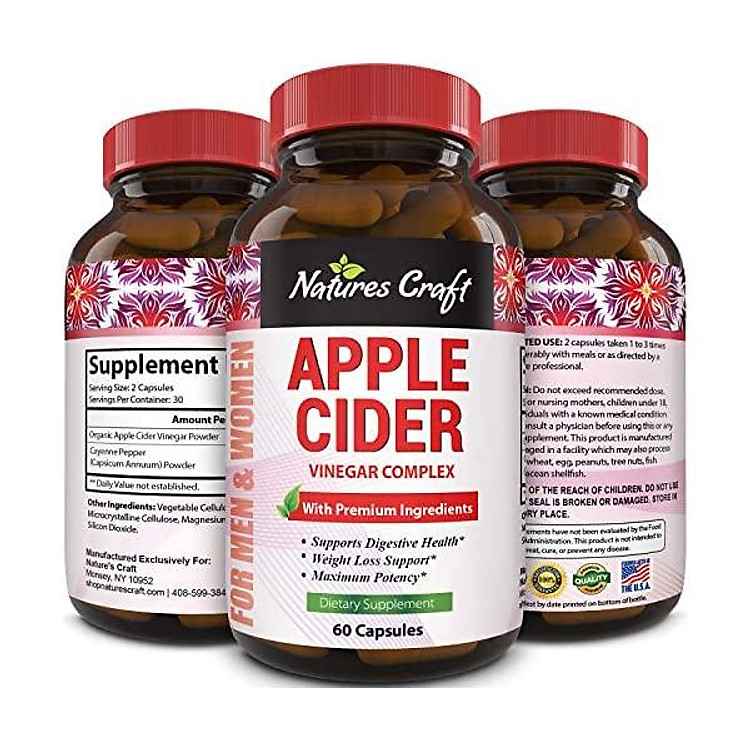 Natures Craft Apple Cider Vinegar Pills – For Weight Loss ACV Capsules Extra Strength Fat Burner Natural Supplement Pure Detox Cleanse Appetite Suppressant Immune Booster – for Women and Men 60 caps