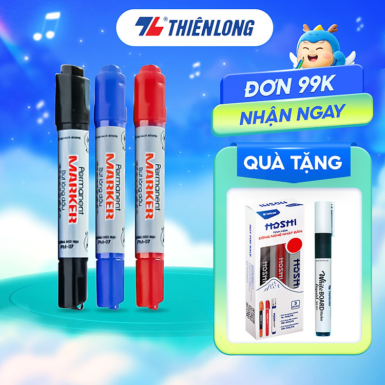 Combo 5/10/20 Bút lông dầu Thiên Long PM-07 2 đầu bút kích thước 0.8 mm và 6mm, 3 màu mực xanh/đỏ/đen, bám dính tốt trên nhiều bề mặt