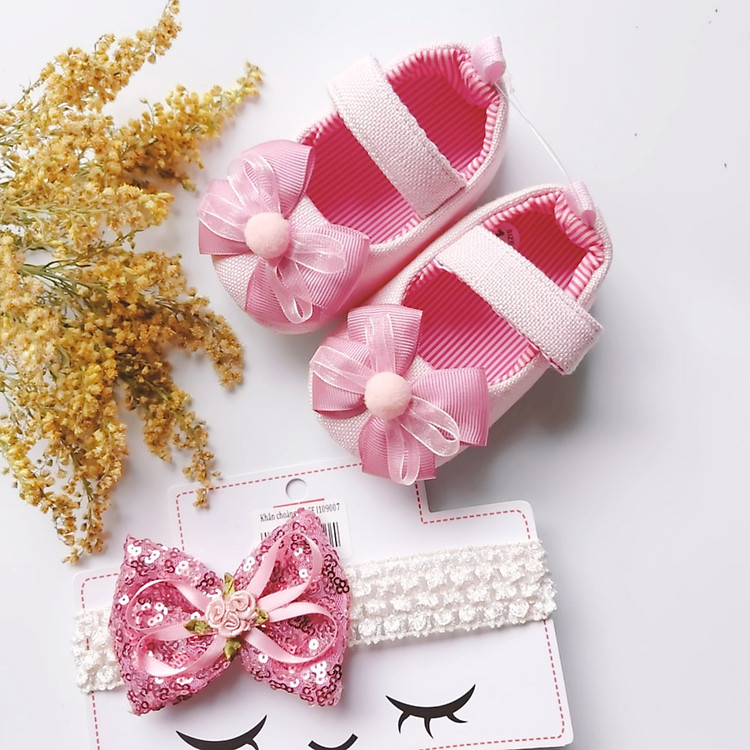 Bộ sản phẩm Giày tập đi + 1 Băng Đô cho bé gái sơ sinh từ 0 - 12 tháng - Quà tặng thôi nôi- Ma03 - màu hồng