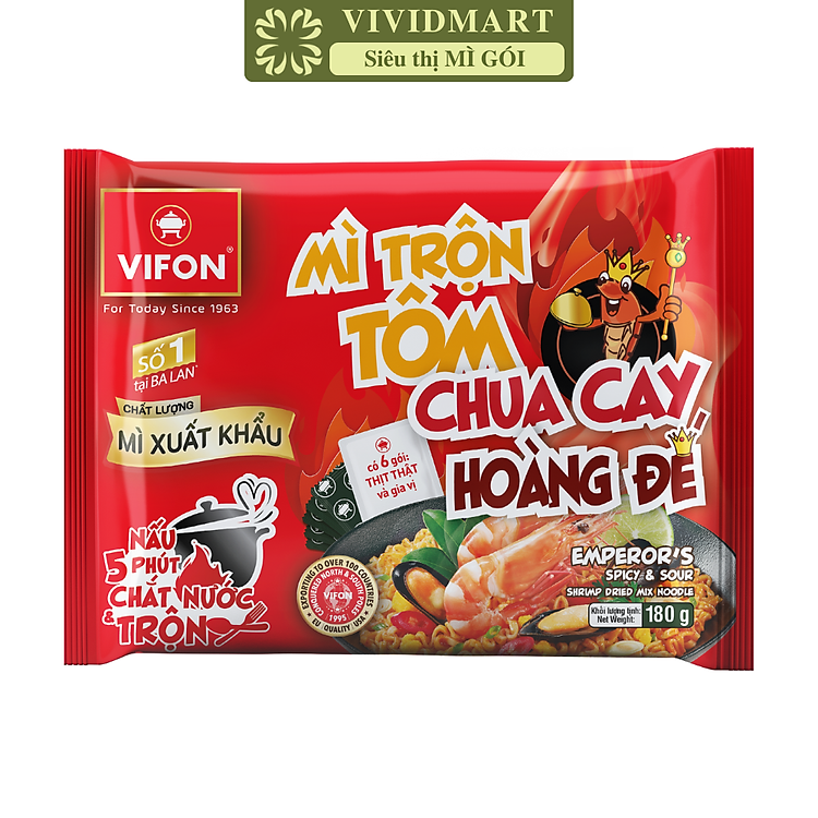 VIFON - Mì trộn Vifon xuất khẩu Tôm chua cay hoàng đế, Mì trộn Tôm chua cay hoàng đế Vifon xuất khẩu (180g/gói)