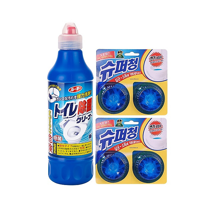 Combo 01 Chai nước tẩy toilet siêu đậm đặc không mùi 500ml nội địa Nhật Bản + 02 vỉ viên thả bồn cầu khử mùi hôi Sandokkaebi Hàn Quốc