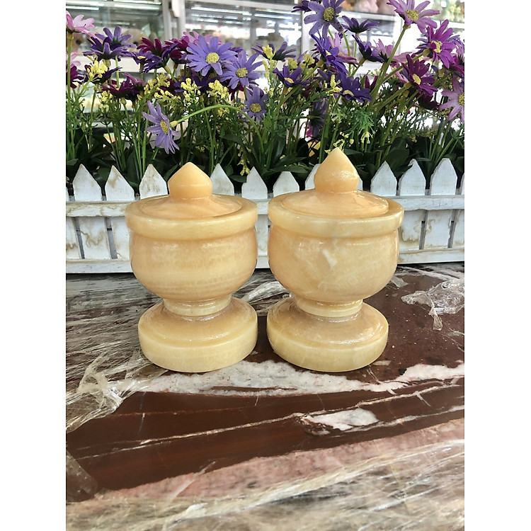 Cặp hũ đựng muối, gạo thờ cúng đặt bàn thờ ông thần tài thổ địa đá ngọc hoàng long