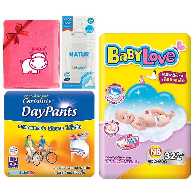 Combo đi sinh: Tã quần cho mẹ, Tã dán sơ sinh, Bình sữa NATUR 60ml + Tặng chăn cho bé