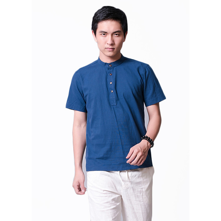 Áo đũi nam cộc tay cổ trụ xanh đen