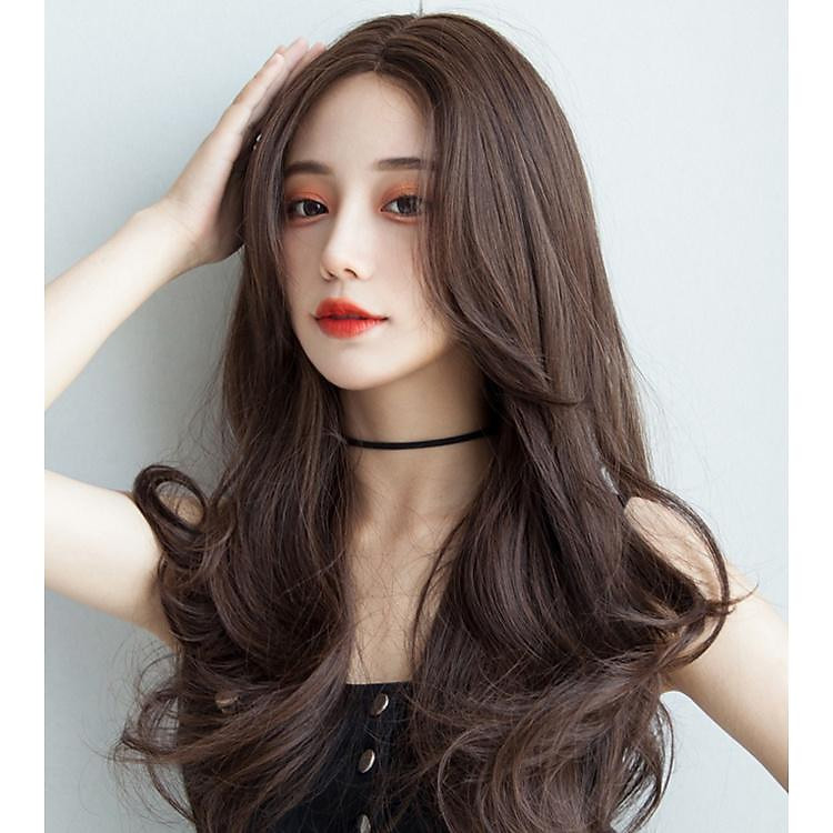 Phụ nữ với tóc giả thời trang Tóc giả nữ tóc giả nữ tóc dài rẽ ngôi giữa cắt tỉa khuôn mặt tóc mái tám ký tự sóng lớn tóc xoăn dài trùm đầu tự nhiên vô hình