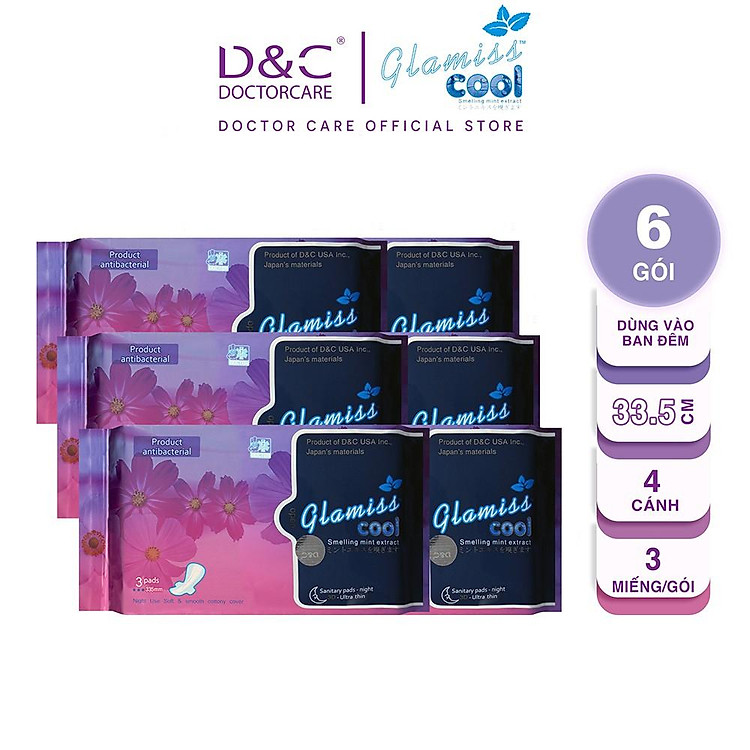 Combo 6 Băng vệ sinh ban đêm Glamiss Cool thảo dược 33.8cm siêu mát siêu khô thoáng