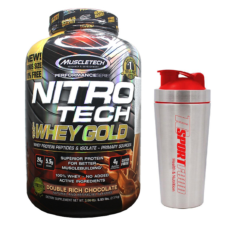 Combo Sữa tăng cơ giảm mỡ Nitro Tech 100% Whey Gold của Muscle tech hương Chocolate hộp 76 lần dùng hỗ trợ tăng cơ, tăng sức bền, sức mạnh, đốt mỡ, giảm cân, giảm mỡ bụng cho người tập GYM và chơi thể thao & Bình INOX 739 ml (Màu Ngẫu Nhiên)