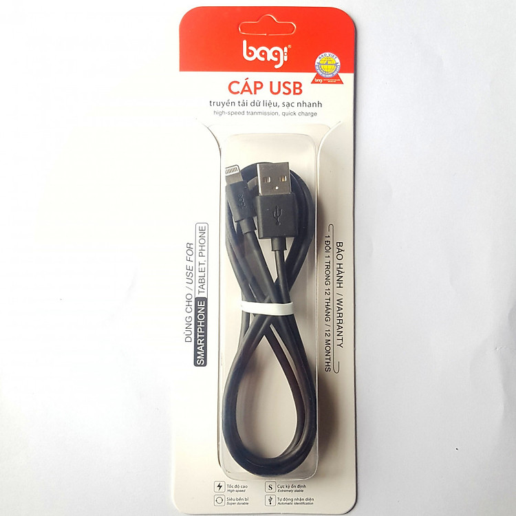 Dây sạc Iphone dài 1,0M hộp gài BAGI IB150 - Màu ngẫu nhiên- CHÍNH HÃNG BAGI