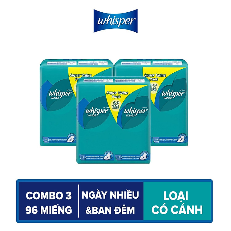 Combo 3 Băng Vệ Sinh WHISPER WINGS Có Cánh Ngày Nhiều Và Ban Đêm (Gói Lớn Tiết Kiệm 32 Miếng)