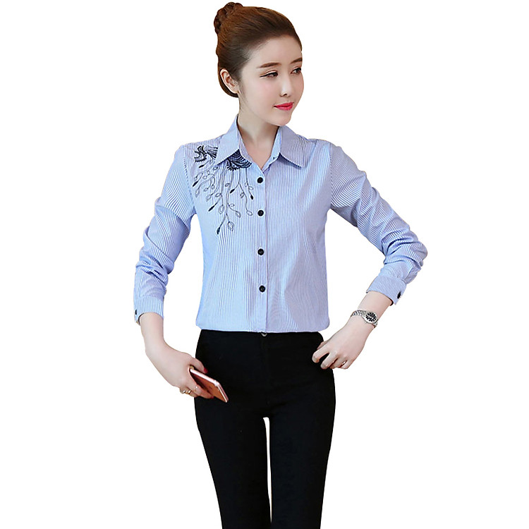 Áo sơ mi nữ kẻ sọc thêu họa tiết