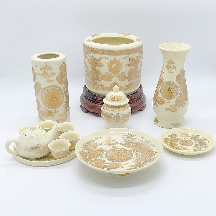 Bộ đồ thờ thần tài men vàng kim (8 món)