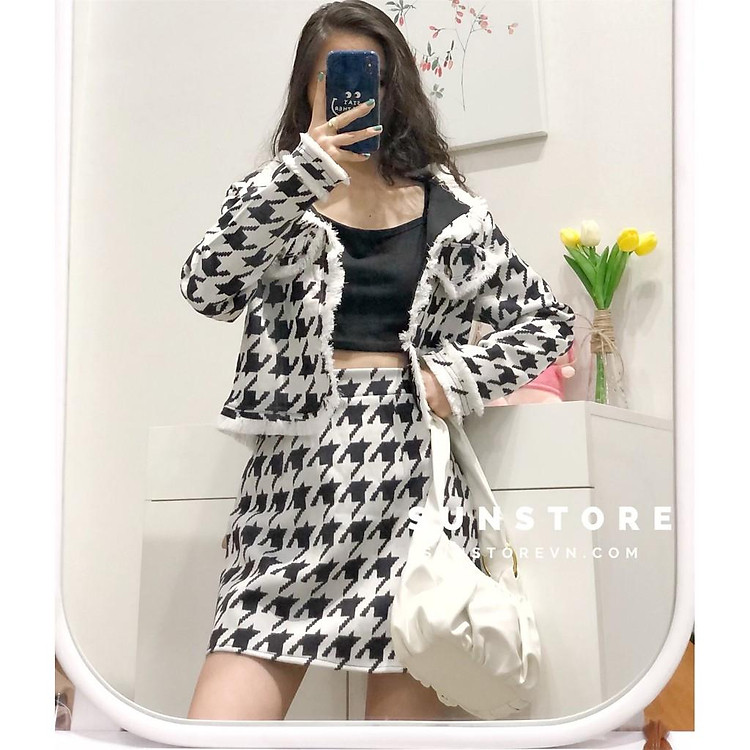 Set 3 món gồm áo khoác dạ bố caro kèm áo 2s và chân váy ngắn