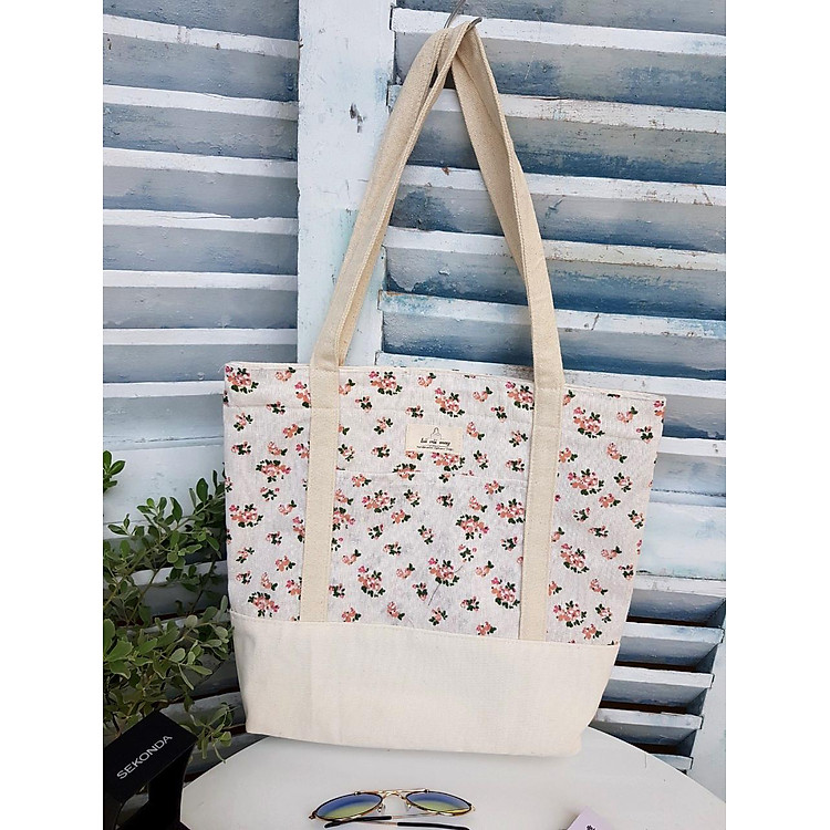 Túi tote vải canvas phối họa tiết bông hoa nhí