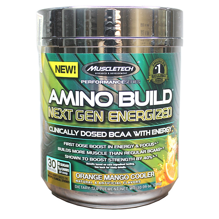 BCAA Amino Build Next gen hương Orange Mango Cooler (Cam Xoài) của Muscle Tech hộp 30 lần dùng hỗ trợ phục hồi cơ, chống dị hóa cơ, tăng sức bền sức mạnh vượt trội, đốt mỡ, giảm cân, giảm mỡ bụng mạnh mẽ cho người tập thể thao