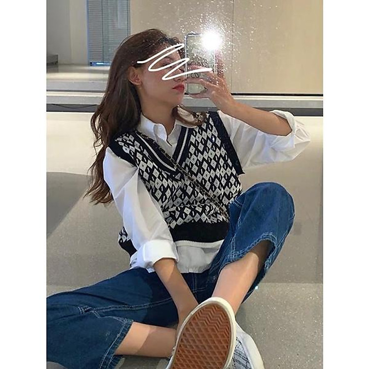 MS186 Áo gile cổ tim hoạ tiết trám chất len mềm cá tính