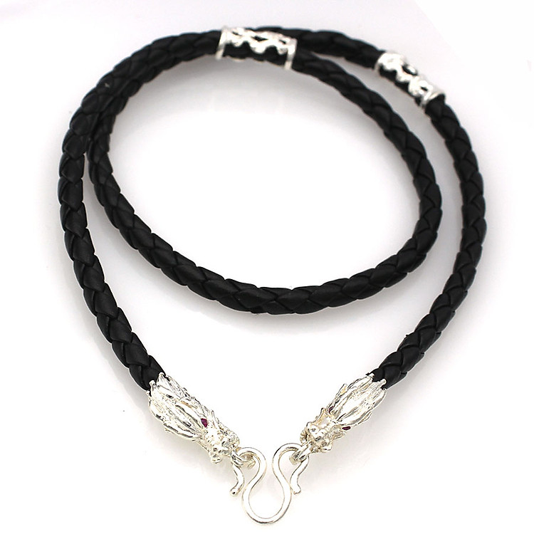 Dây Chuyền Nam Bạc Hiểu Minh DDN031T Dây Da thật 100% bọc bạc đầu rồng