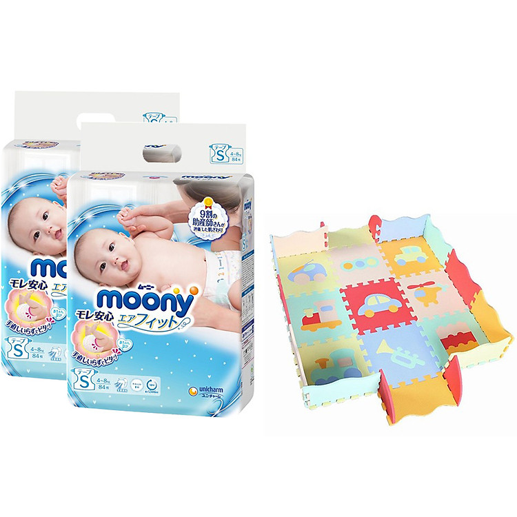 Combo 2 Gói Tã Dán Cao Cấp Moony Nhật Bản S84 (84 Miếng) - Tặng 1 Thảm Xốp Quây