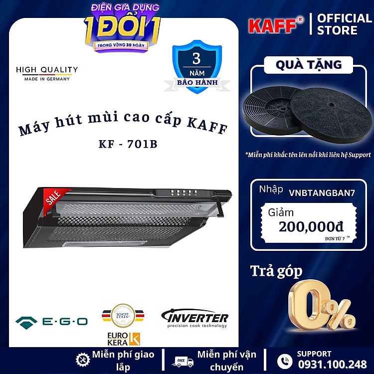 Máy hút mùi cổ điển màu đen 700mm KAFF KF_701B Tặng bộ lọc than thay thế _ Hàng Chính Hãng
