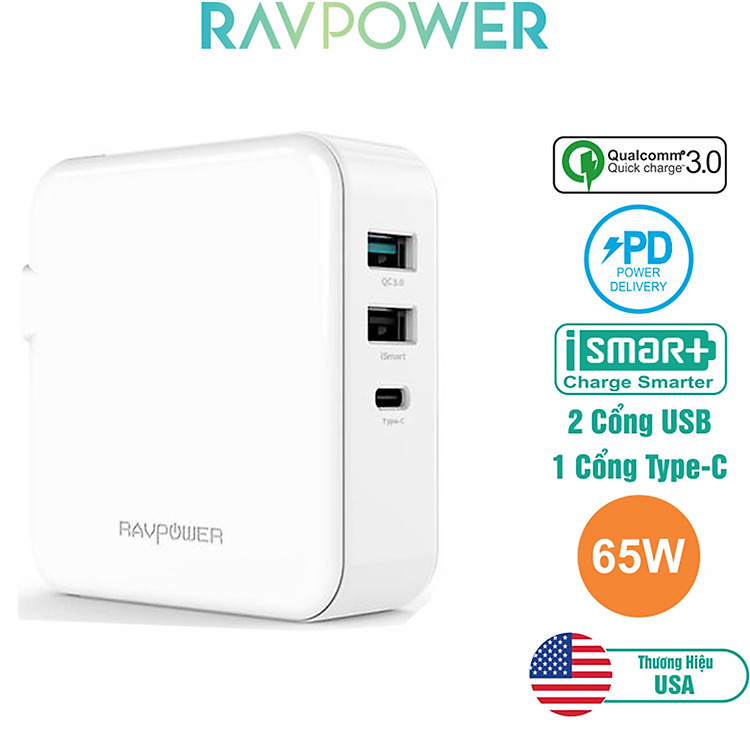 Sạc RAVPower RP-PC082, PD65W, USB-C, QC3.0, EU/US Plug - Hàng Chính Hãng