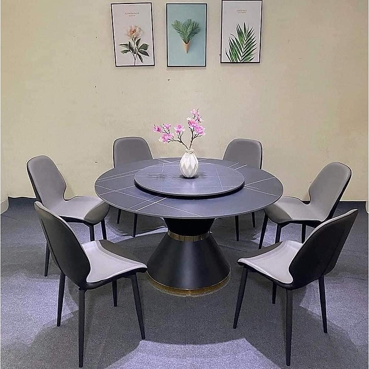 Bộ bàn ghế phòng ăn Tundo mặt tròn xoay đá ceramic kèm 6 ghế