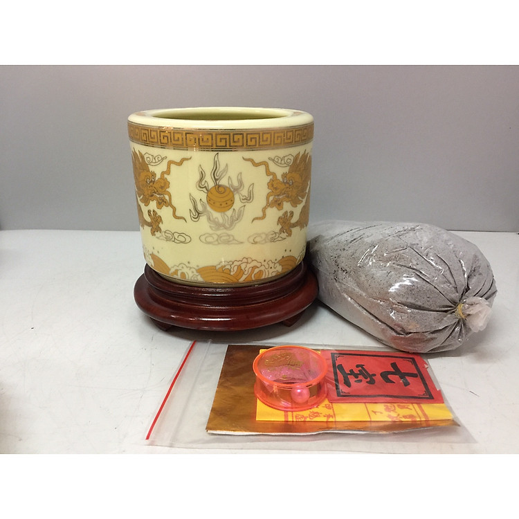 Bát hương thờ ( gốm sứ bát tràng cao cấp) combo cả bộ đế gỗ và cốt thất bảo + tro đủ bát