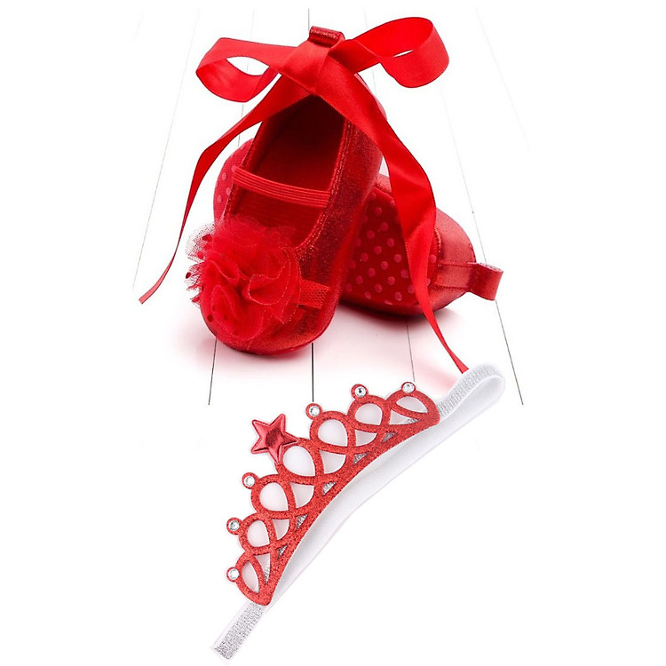 Combo Giày tập đi + băng đô vương miện công chúa cho bé gái từ 6 - 12 tháng tuổi