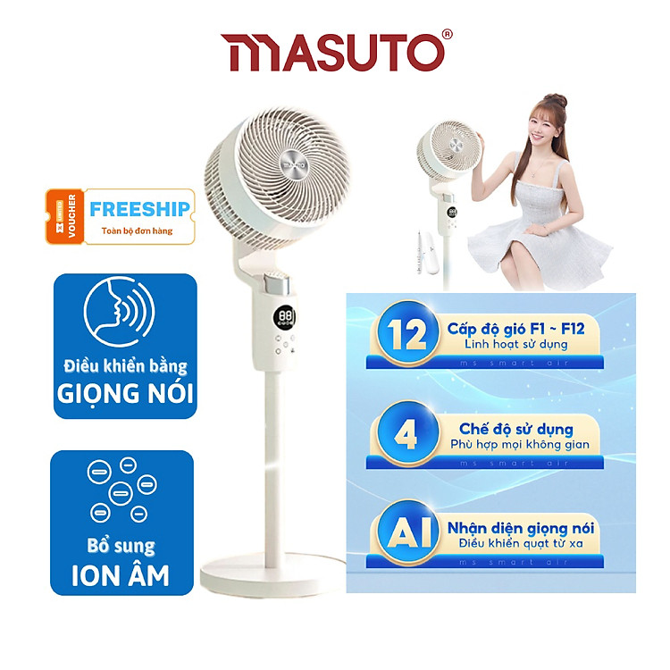 Quạt Điện Cây Masuto MS Smart Air Thông Minh AI, Điều Khiển Bằng Giọng Nói Tiếng Việt, Quạt Mát Ion Âm Bổ Sung Oxy, Điều Hòa Không Khí, Có Remote Từ Xa - Hàng chính hãng