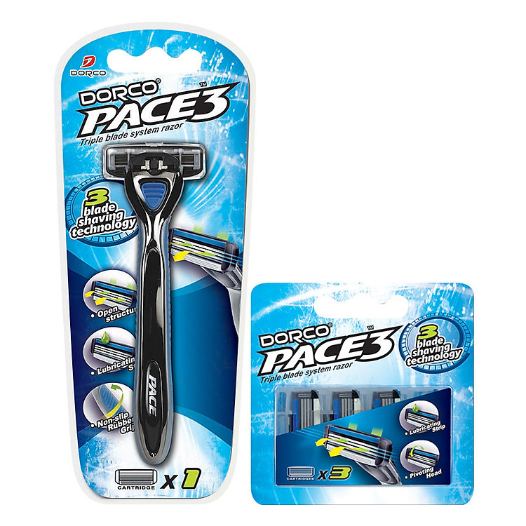 Combo Dao Cạo Và Vỉ Đầu Cạo Râu 3 Lưỡi Dorco Pace 3 (3 Đầu Dao Cạo / Vỉ) TRA 1002 - TRA 1030 - Tặng 02 lon Coca Cola