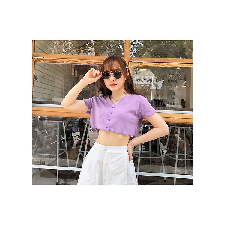 Áo Croptop Nữ Form Rộng Tay Ngắn Cổ V Cá Tính Freesize HOS