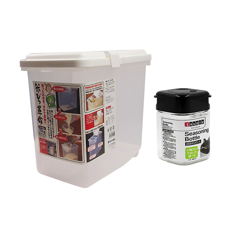 Combo Thùng gạo 10kg nắp bật có bánh xe & ca đong + Lọ rắc gia vị 2 đầu (nắp đen) - Nội địa Nhật Bản