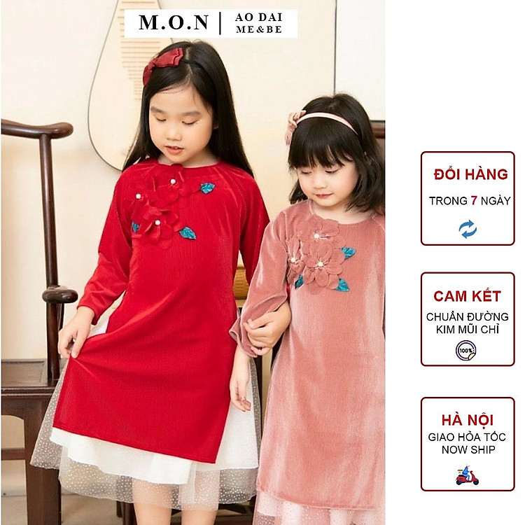 Áo Dài Cách Tân Bé Gái Chất Nhung Vân Mon Cho Bé Từ 8kg Đến 29kg