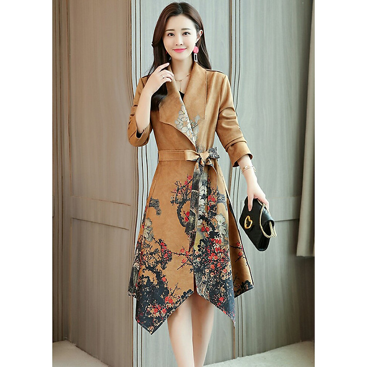 Áo khoác dáng dài da lộn in hoa đào vạt xéo GOTI1533485