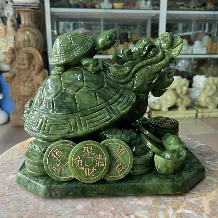 Tượng Long Quy ( Rùa đầu rồng ) cõng con phong thủy đá ngọc Ấn Độ - Dài 22 cm