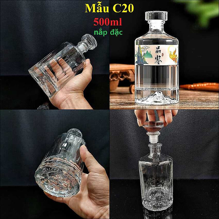 Chai Đựng Rượu 500ML thủy tinh cao cấp mẫu Hibiki nắp đặc – Chai Thủy Tinh Đựng Rượu 500ML – Vỏ Chai Rượu thủy tinh siêu trong (C20)